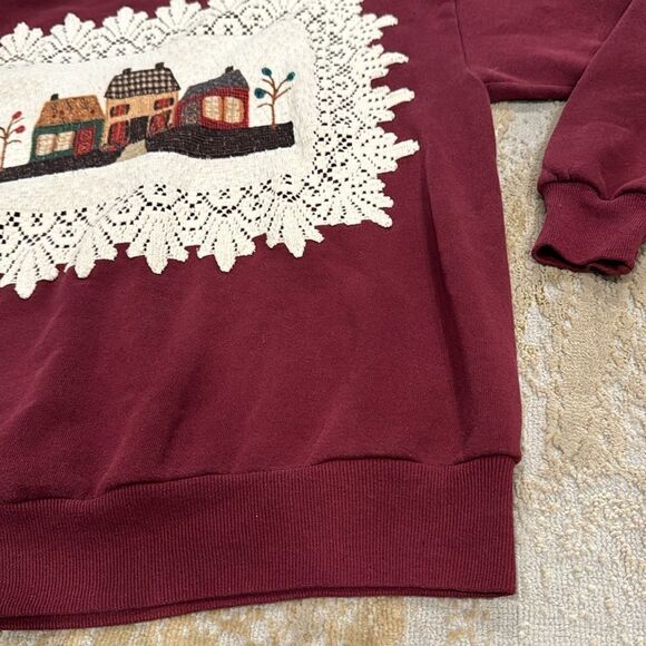 VTG Jerzees sweatshirt Heritage Lace Placemat Folk Art Primitive Houses on front - Picture 6 of 10